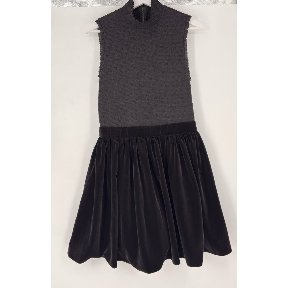 $495 Alice + Olivia Women's Black Velvet Smocked High Neck A-Line Dress Size 8 - Picture 4 of 12